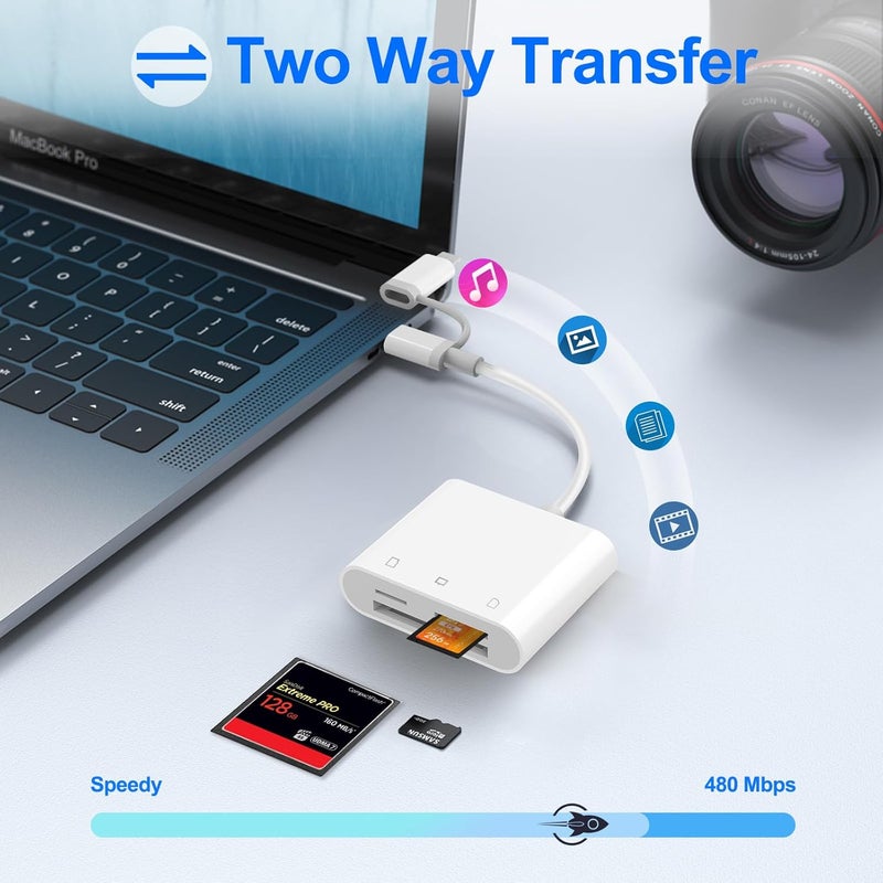 Denlane CF SD Card Reader for iPhone iPad Mac Dual Connector (Lightning & USB C), Digital Camera Memory Card Adapter to iPhone with Compact Flash/SD/MicroSD 3 Slot, Plug&Play for Android Phone Laptop - Image 4
